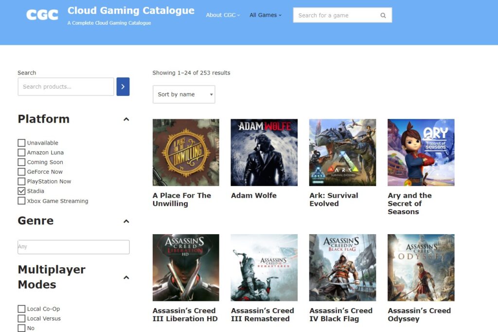 Interfaz de Cloud Gaming Catalogue