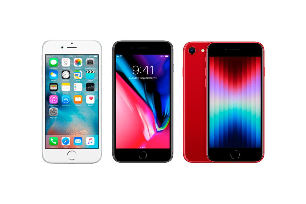 Comparación diseño iPhone 6, iPhone 8 y iPhone SE 2022.